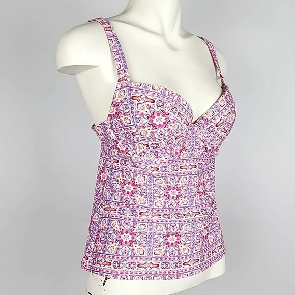 Design Lab Tankini Swim Top Pink Blue Paisley Underwire Push Up Cups Size Large - Picture 2 of 13